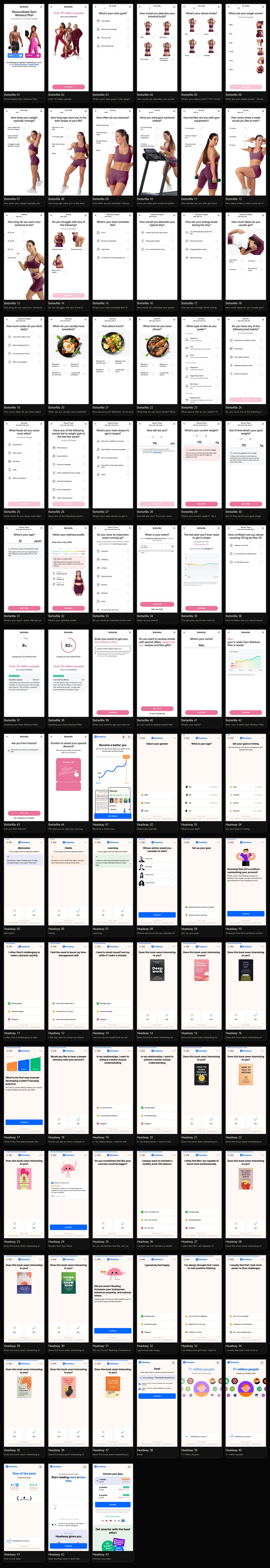 BetterMe and Headway mobile funnel contact sheet
